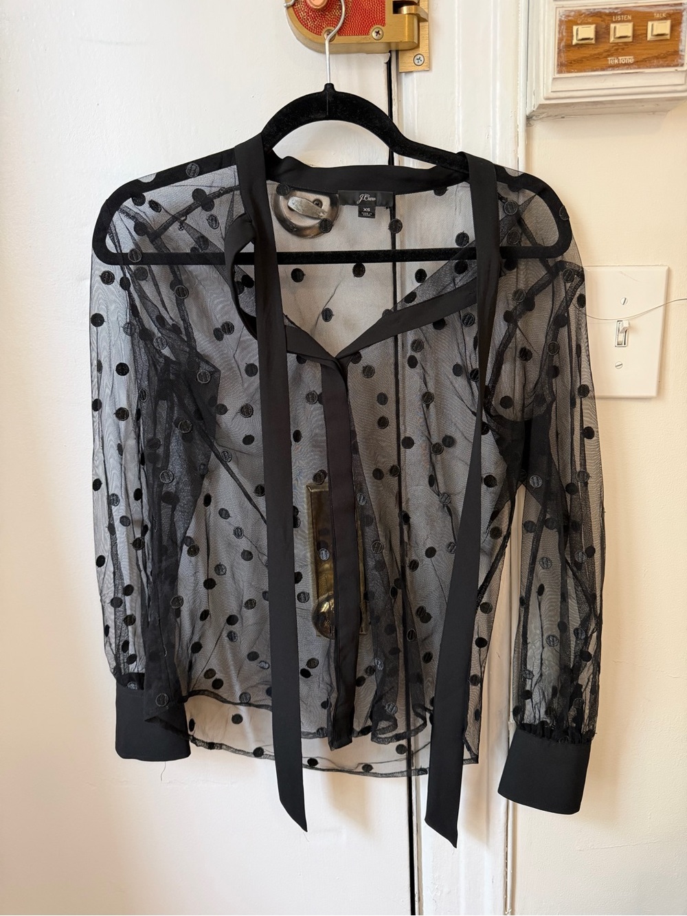 J. Crew Sheer Black Polka Dot Tie-Neck Blouse